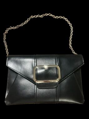 Banana Republic Black Leather Clutch with Gold-Tone Chain and Buckle